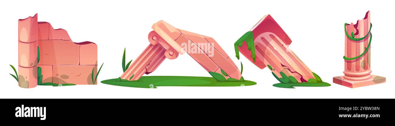 Le rovine di un antico edificio sono isolate su sfondo bianco. Illustrazione vettoriale di pilastri in marmo antico danneggiati, pareti in mattoni incrinati, pezzi di Illustrazione Vettoriale