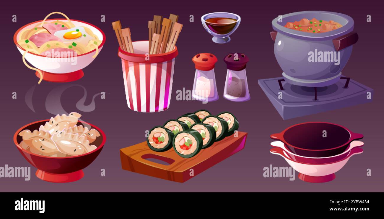 Cucina coreana per un menu' da caffetteria e ristorante. Serie di illustrazioni vettoriali di cartoni animati di piatti asiatici tradizionali - zuppa e gimbap, mandoo e spaghetti con carne e Illustrazione Vettoriale