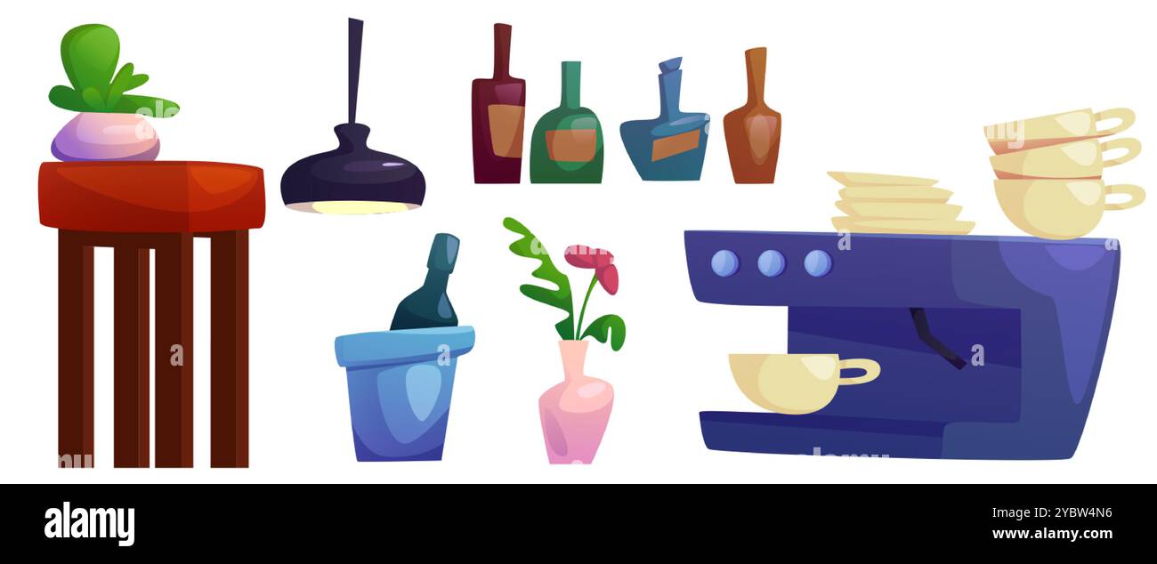 Arredi e attrezzature da caffè isolati su sfondo bianco. Illustrazione vettoriale del cartone animato di macchina del caffè, tazze e piatti, bottiglie di alcol, cha Illustrazione Vettoriale