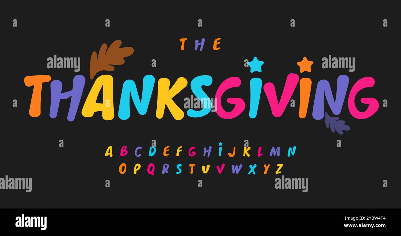 Allegro carattere bolla, lettere arcobaleno luminose, alfabeto argilloso arrotondato con uno stile caldo e accogliente per festeggiare il carnevale, festività natalizie, vivaci Illustrazione Vettoriale