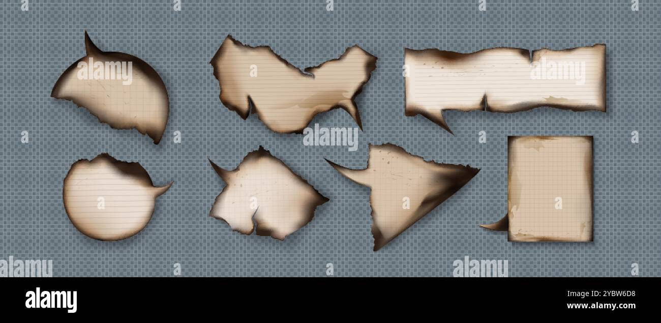 Grunge bolle di carta con bordi bruciati e macchie. Set realistico di illustrazioni vettoriali 3d con pergamene martellate vintage marroni. SPE Illustrazione Vettoriale