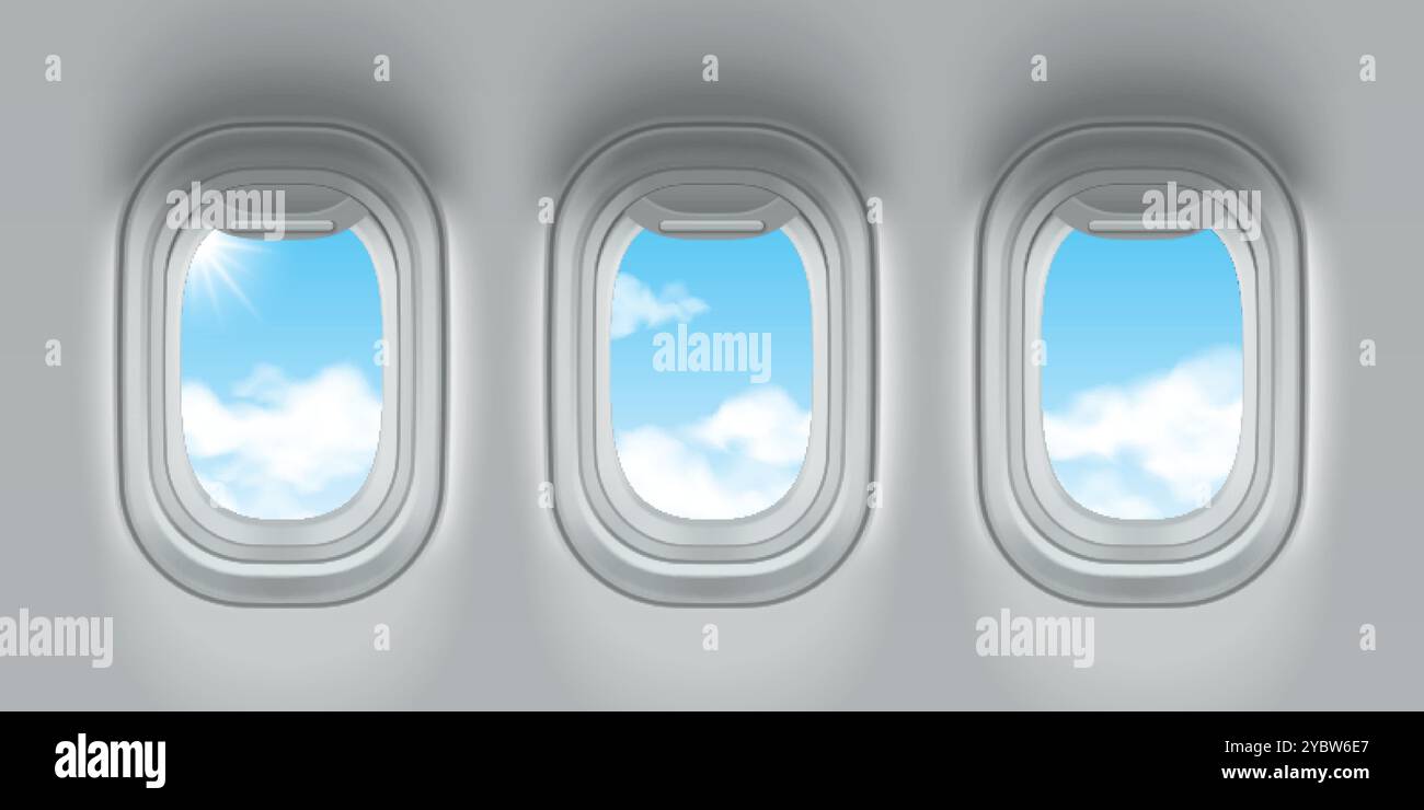 Finestre piane con vista cielo blu. Illustrazione vettoriale realistica della luce solare e del paesaggio nuvoloso visto attraverso il vetro dalla cabina dell'aeromobile, dal volo passeggeri, Illustrazione Vettoriale