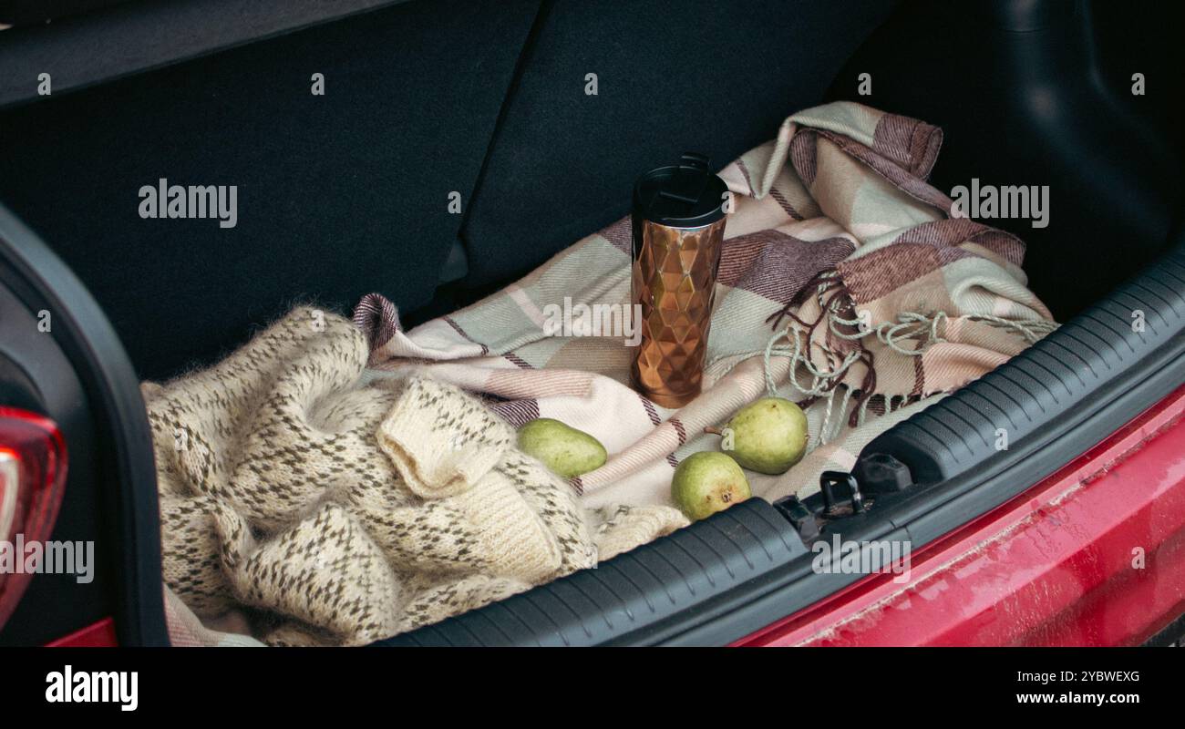 Maglione lavorato a maglia, tre frutti di pera e tazza thermos su coperta a scacchi nel bagagliaio aperto dell'auto. Natura morta autunnale. Picnic su strada. Viaggiare stile di vita momen Foto Stock