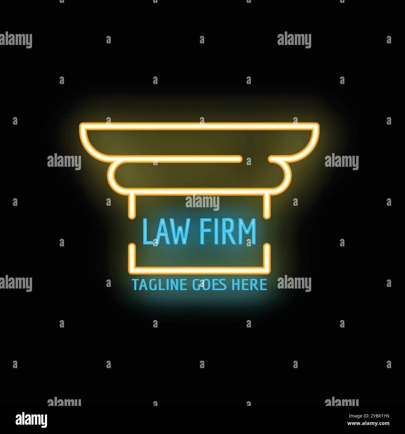 Insegna al neon che rappresenta uno studio legale con colonne e uno spazio tagline, perfetta per la pubblicità di servizi legali Illustrazione Vettoriale