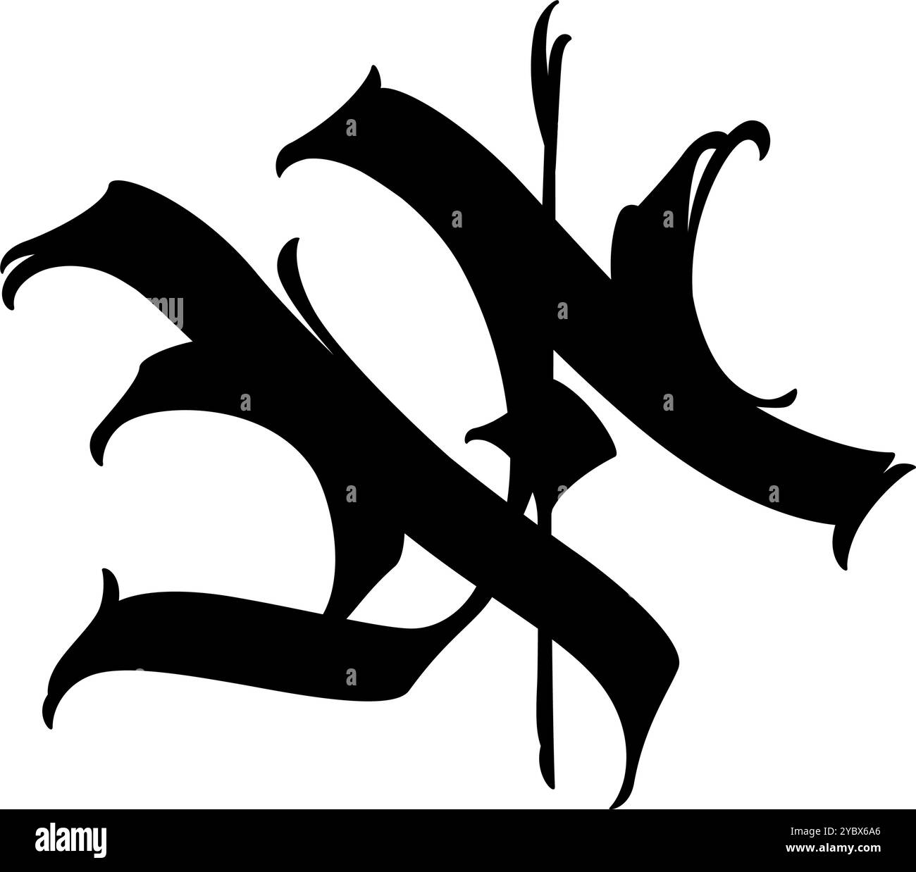 Lettera M in stile graffiti e gotico. Vettore. Graffiti, tag e lettere latine medievali. Segni e simboli per la progettazione. Calligrafia, lettere e tag. Illustrazione Vettoriale