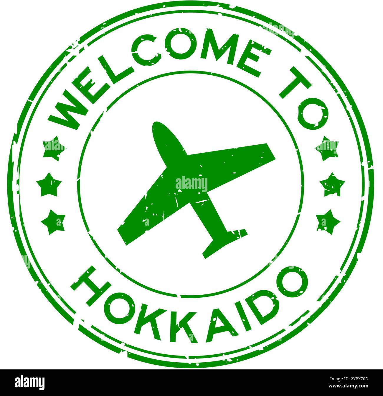 Verde grunge benvenuto a hokkaido con l'icona dell'aeroplano timbro rotondo con sigillo di gomma su sfondo bianco Illustrazione Vettoriale