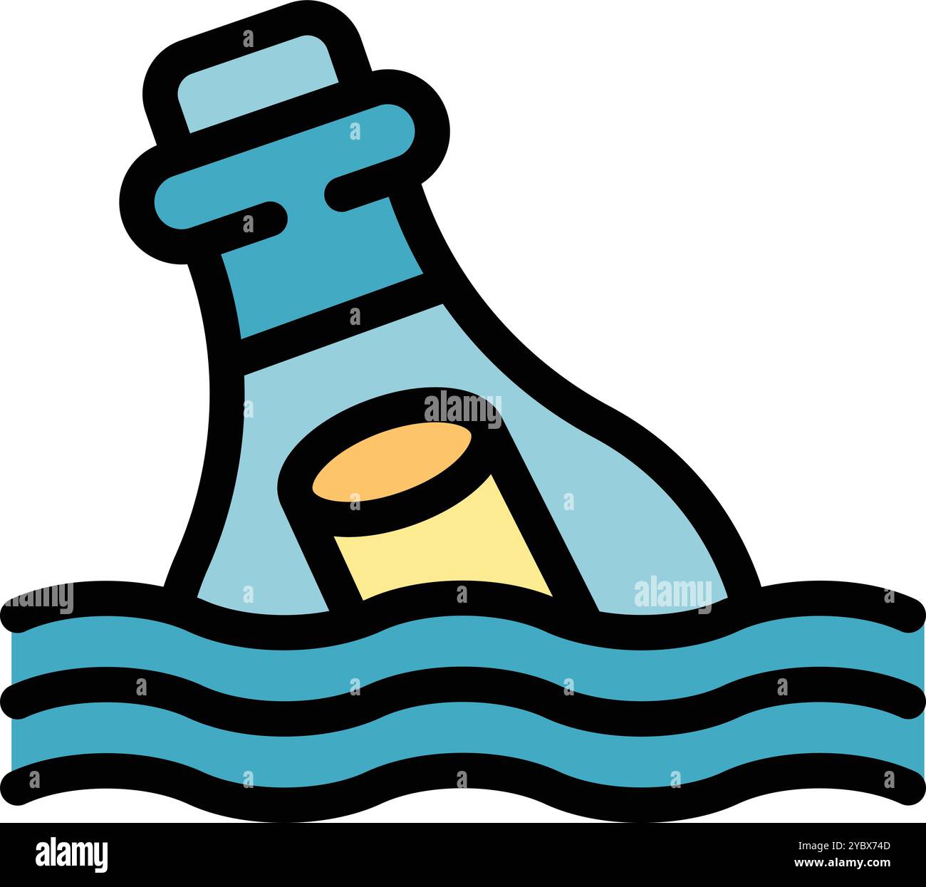 Bottiglia di vetro con un messaggio arrotolato all'interno che galleggia sulle onde blu dell'oceano Illustrazione Vettoriale