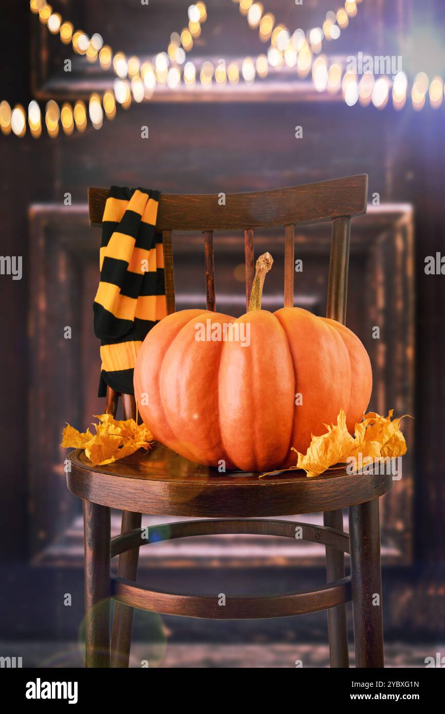 Sfondo di Halloween. Grande zucca con foglie di acero secco, calze a righe nere e arancioni per feste su una vecchia sedia retrò sullo sfondo delle vecchie porte Foto Stock