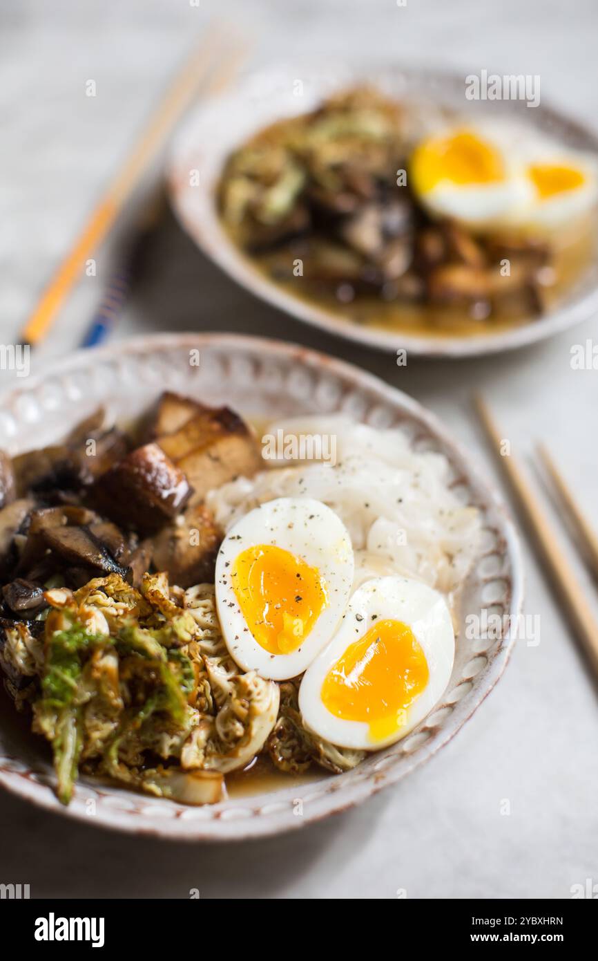 Ciotola di riso in stile asiatico con uova sode morbide, tofu, funghi e verdure, servita con bacchette, piatti fatti in casa a poca profondità. Foto Stock