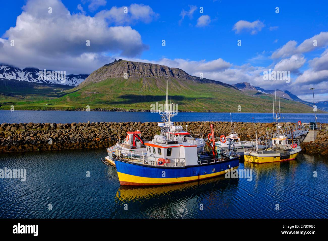 Islanda, regione di Austurland, fiordo di Mjoifjordur, porto di Mjoifjordur Foto Stock