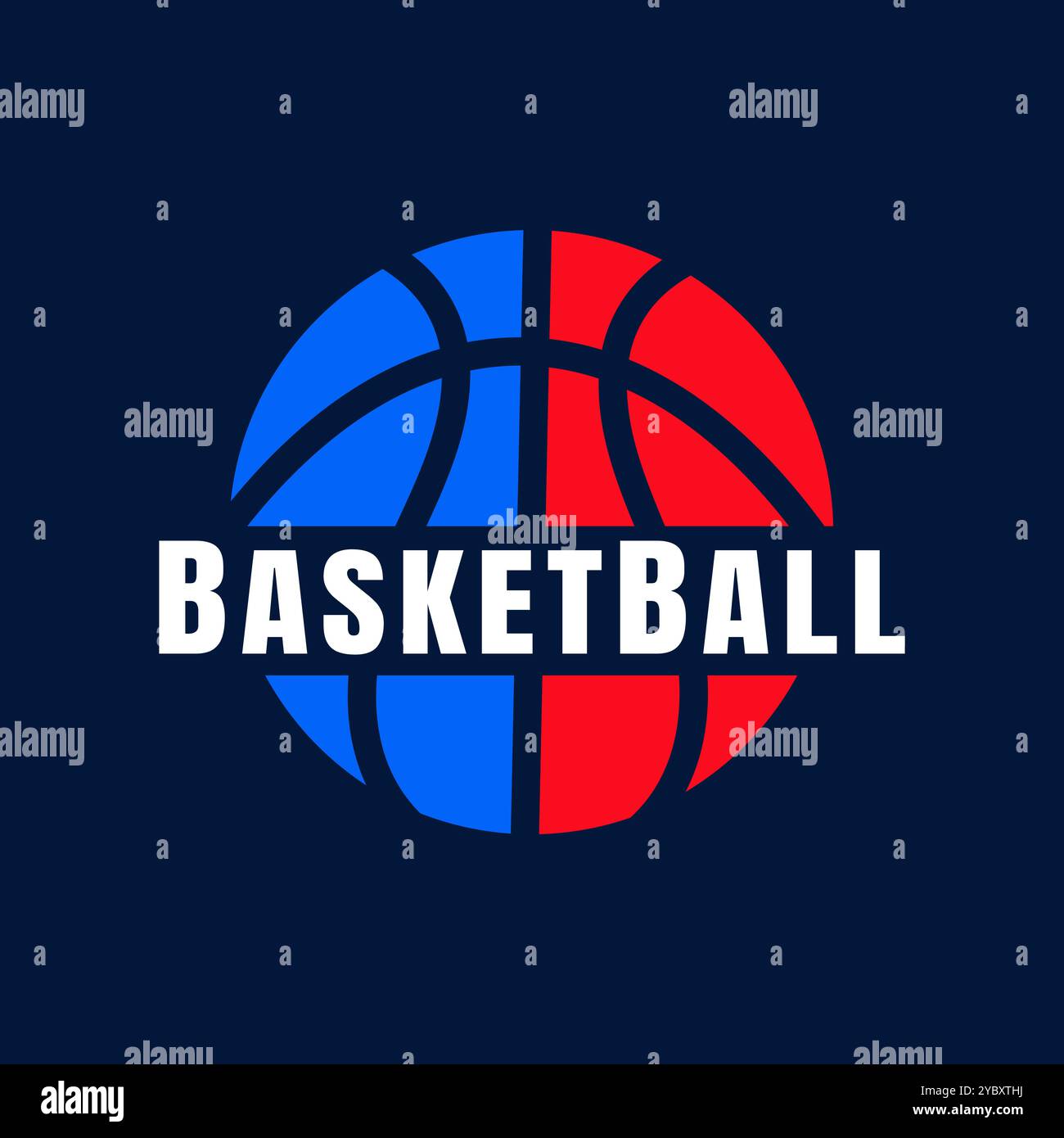 Logo del club di basket americano Sports, club di pallacanestro. Modello di design con stemma da basket per tornei con sfondo scuro Illustrazione Vettoriale