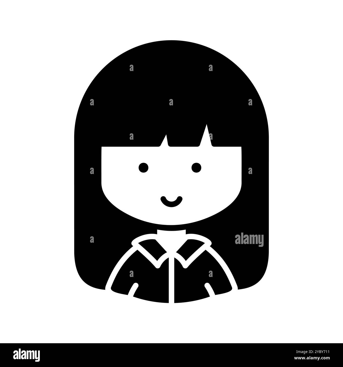 Donna ragazza con un'icona solida vettoriale di capelli lunghi e diritti. Simbolo capelli giù. Segni del ritratto dei personaggi avatar. Simbolo grafico per il design del sito Web, logo, Illustrazione Vettoriale