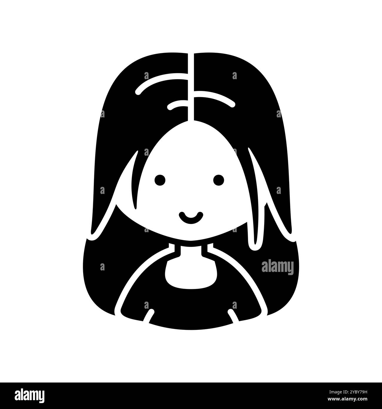 Donna ragazza con un'icona solida vettoriale di capelli lunghi e diritti. Simbolo capelli giù. Segni del ritratto dei personaggi avatar. Simbolo grafico per il design del sito Web, logo, Illustrazione Vettoriale