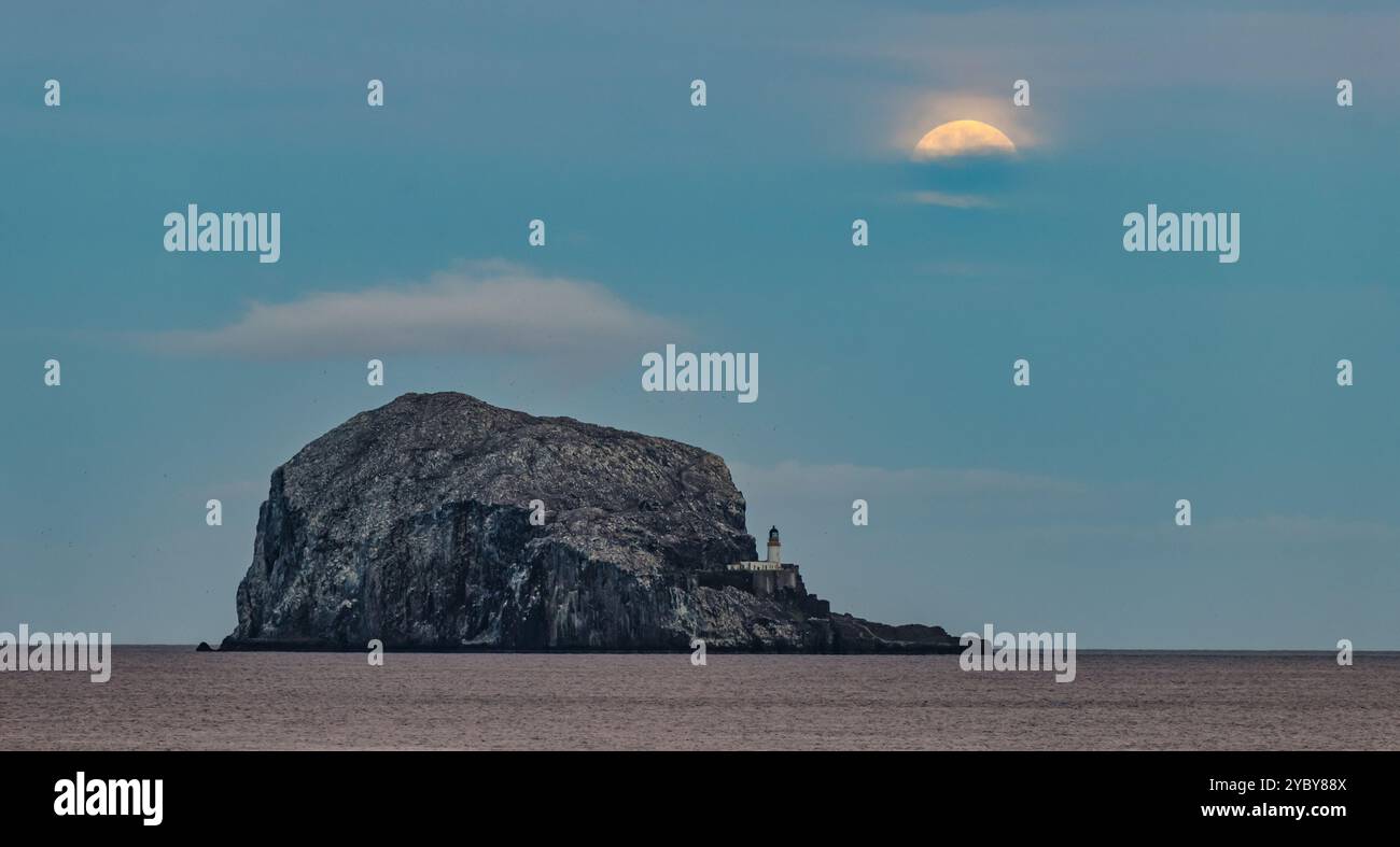 Una super luna piena di Hunter che si innalza sul Firth of Forth con l'isola di Bass Rock sagomata, Scozia, Regno Unito Foto Stock