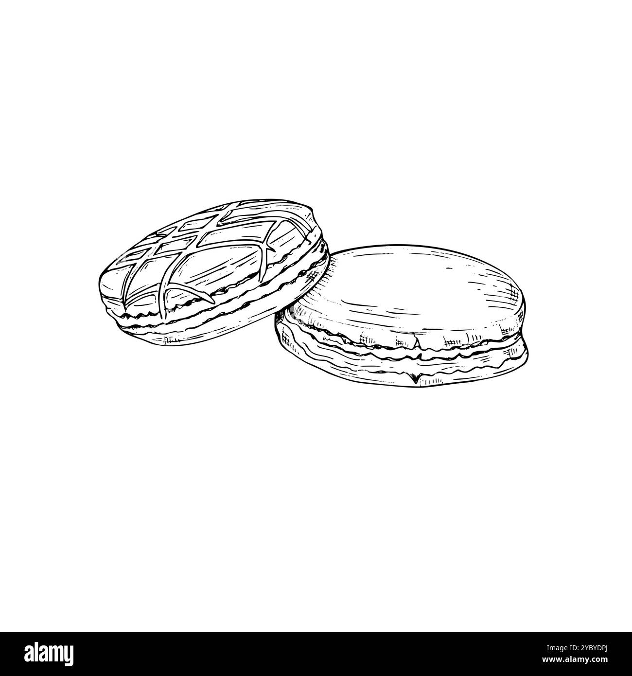 Set di tradizionali macaron francesi. Biscotti alle mandorle colorati, torta ai macaroon. Dolce blu, verde e rosso. Illustrazione acquerello Illustrazione Vettoriale