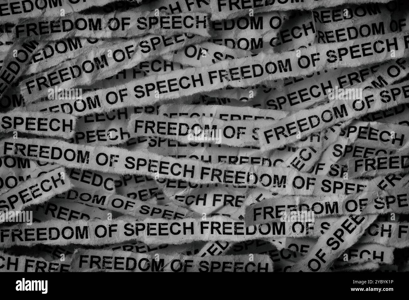 Strisce di giornali con le parole libertà di parola scritte sopra. Bianco e nero. Primo piano. Foto Stock