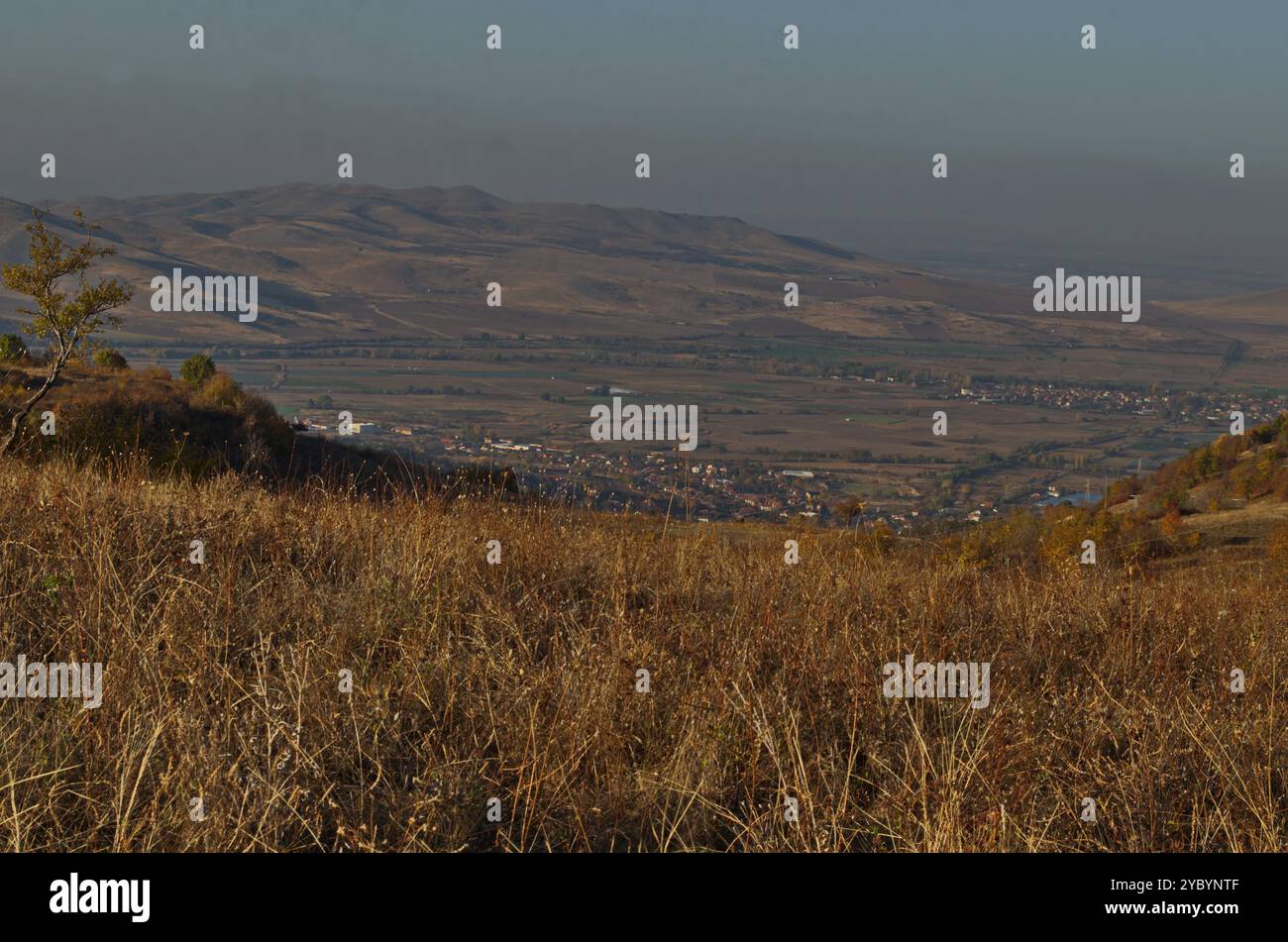 Incredibile vista autunnale di glade, collina, foresta con alberi decidui vicino al villaggio di Zhrebichko, al comune di Bratsigovo, ai monti Rodopi, Bulgaria Foto Stock