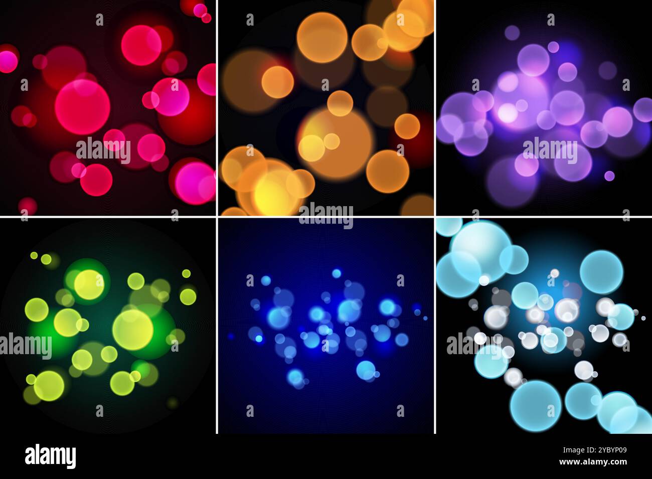 Una serie di sfondi con colorate luci bokeh su una base scura Illustrazione Vettoriale