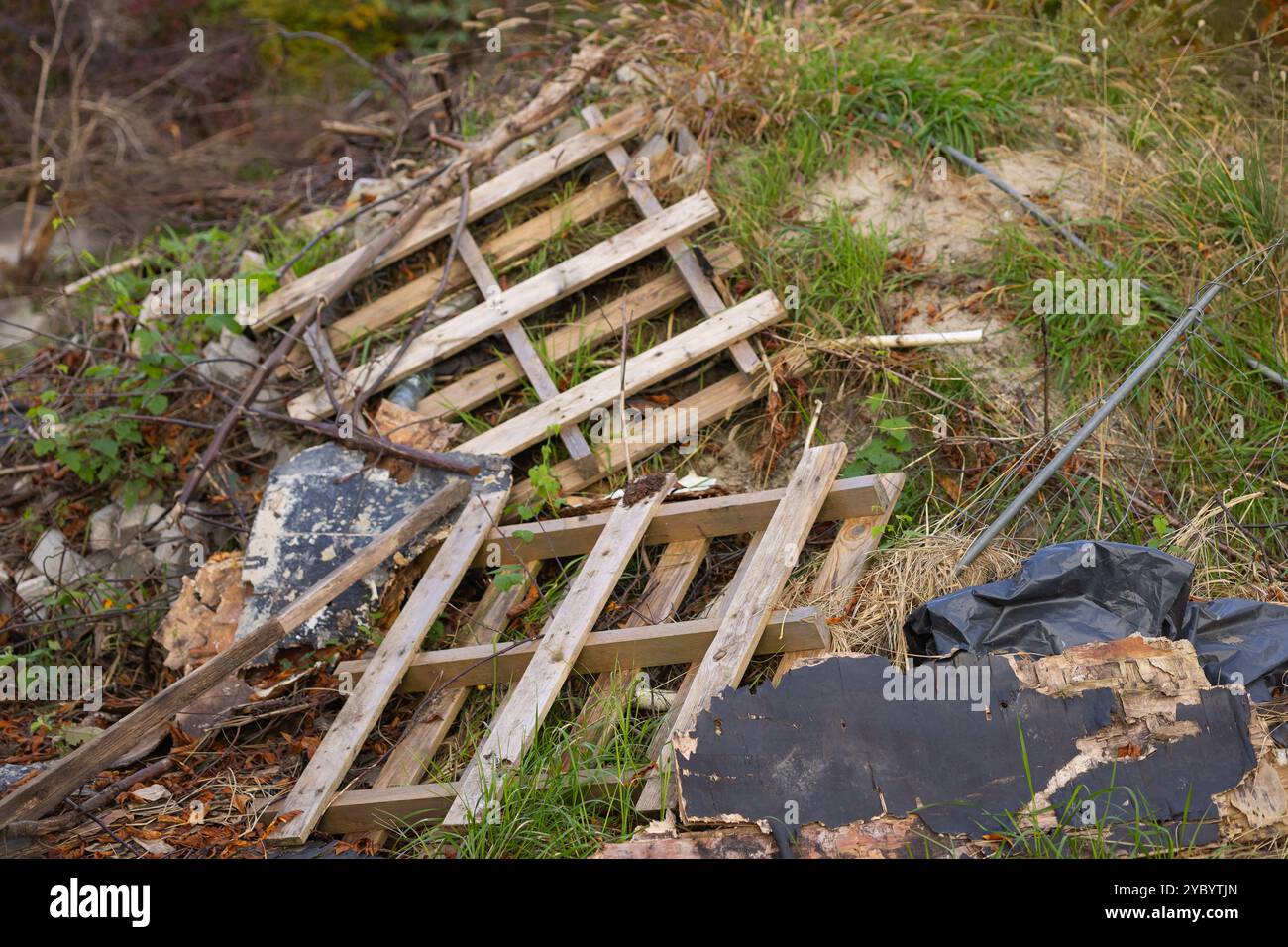 Pallet di legno e detriti scartati in natura su erba ricoperta e terreni sabbiosi Foto Stock