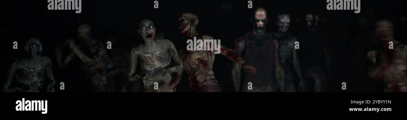 Gli zombie spaventosi che marciscono ti guardano, l'orrore dell'apocalisse zombie. luce volumetrica, action camera sfocata Foto Stock