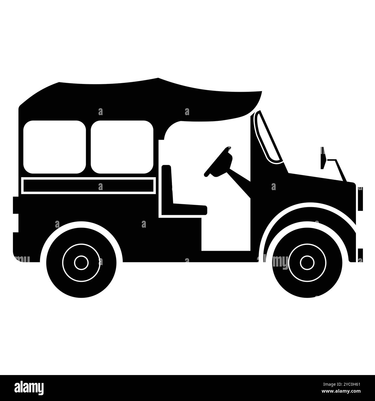 Una silhouette elegante di un classico tuk-tuk, che ne mostra il design inconfondibile. Perfetto per temi legati ai viaggi, alla cultura e ai trasporti urbani Illustrazione Vettoriale
