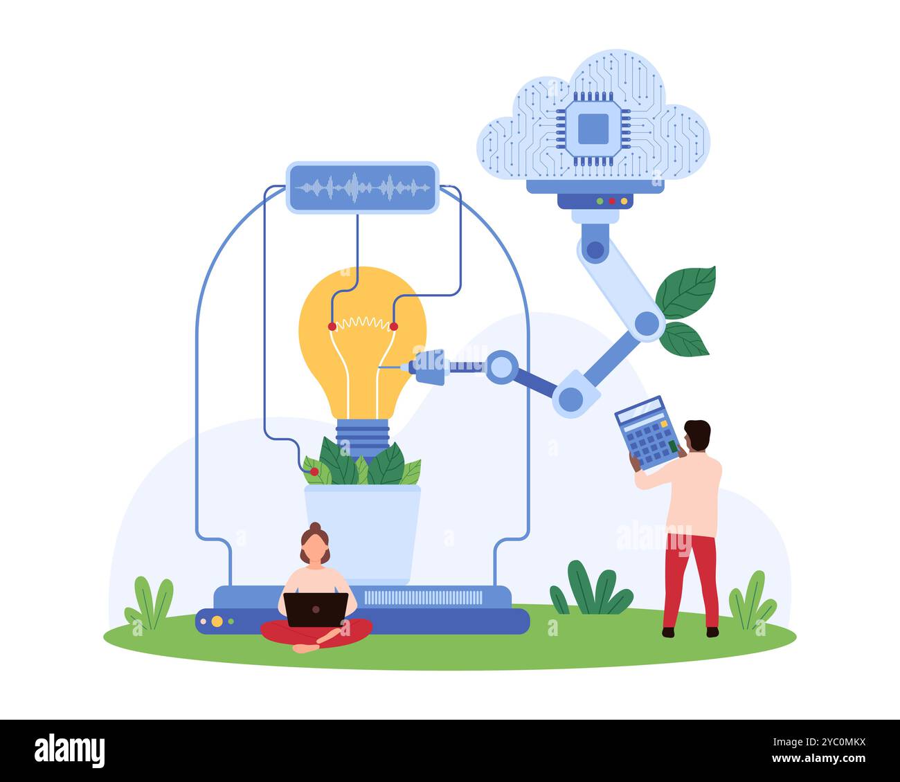 Scienziati che utilizzano tecnologie basate su cloud e bracci robotici per analizzare e sviluppare nuove idee. Grande lampadina e interfaccia cloud digitale che simboleggiano l'illustrazione vettoriale dell'innovazione. Illustrazione Vettoriale