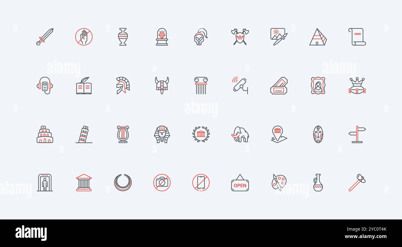 Museo, storia, cultura e patrimonio culturale, galleria d'arte di dipinti, set di icone. Guida e biglietto, tour della piramide egiziana e del Colosseo, torre di Pisa con sottili simboli di contorno neri e rossi, illustrazione vettoriale Illustrazione Vettoriale