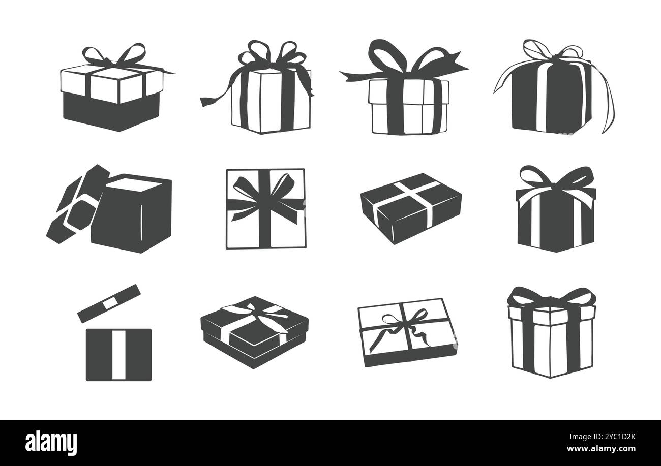 Silhouette della confezione regalo, vettori regalo di compleanno, silhouette attuale, vettori regalo, silhouette della confezione regalo di compleanno, silhouette della confezione regalo di compleanno, silhouette della confezione regalo. Illustrazione Vettoriale