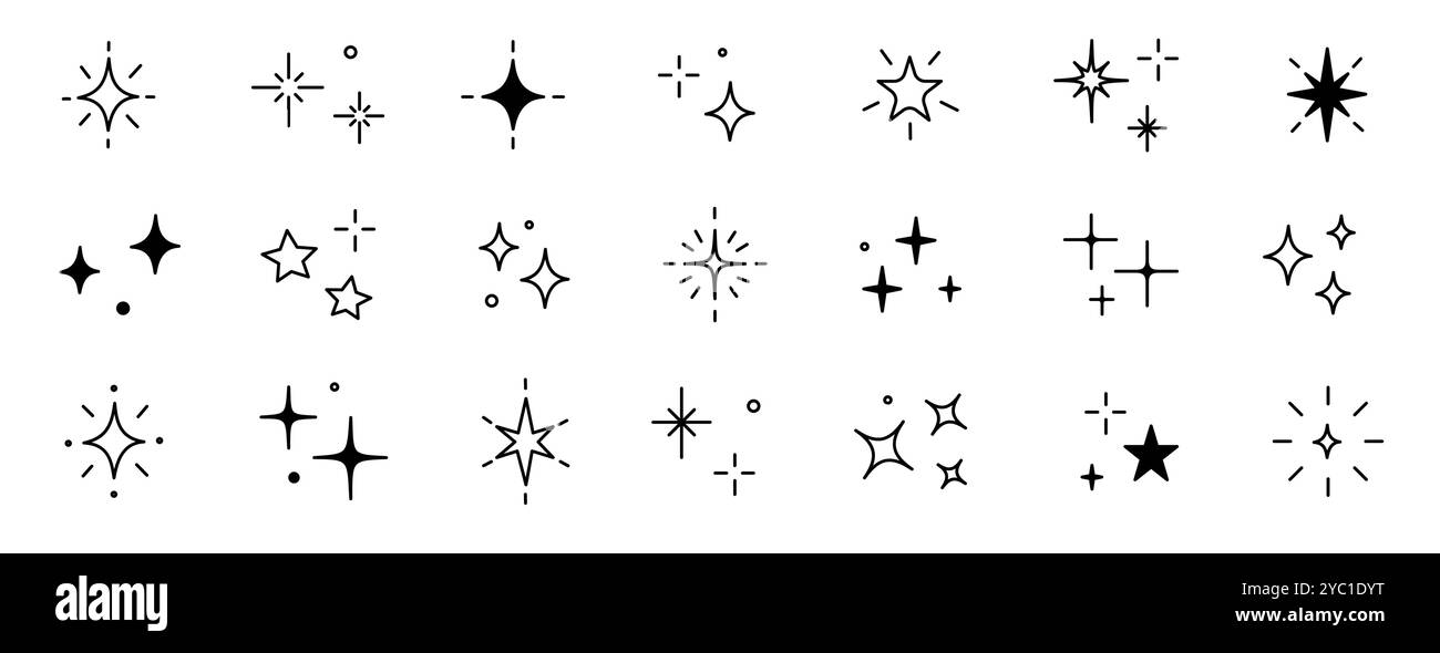 Scintillante stella vettoriale, icona luminosa magica. Set di icone scintillanti a stella che brillano con il suo profilo. Disegnare a mano lo stile doodle. Illustrazione vettoriale con pittogramma Magic Light. Illustrazione Vettoriale