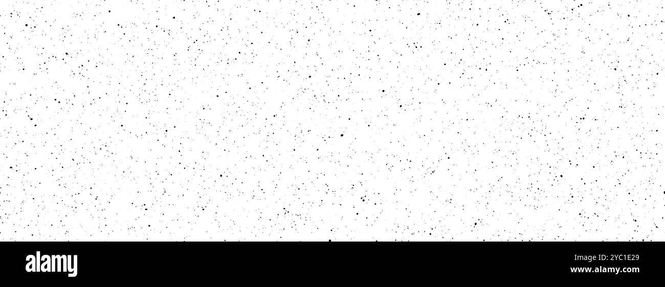 Texture nera macchiata senza cuciture. DISTRESS grunge dot background. Schema ripetuto spruzzi di sporco. Copertura della grana macchiata con gocce, macchie, macchie. Schema del rumore dovuto alle intemperie. Vettore Illustrazione Vettoriale