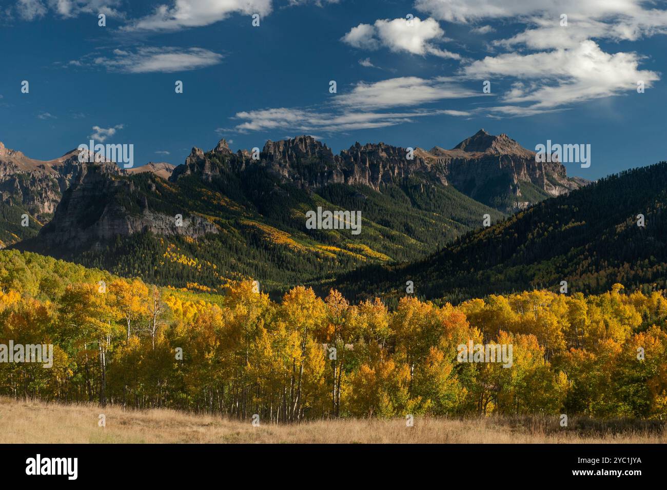 Il crinale lungo la Middle Fork del fiume Cimarron in pieno colore autunnale. Nessuno di questi picchi è denominato. Foto Stock