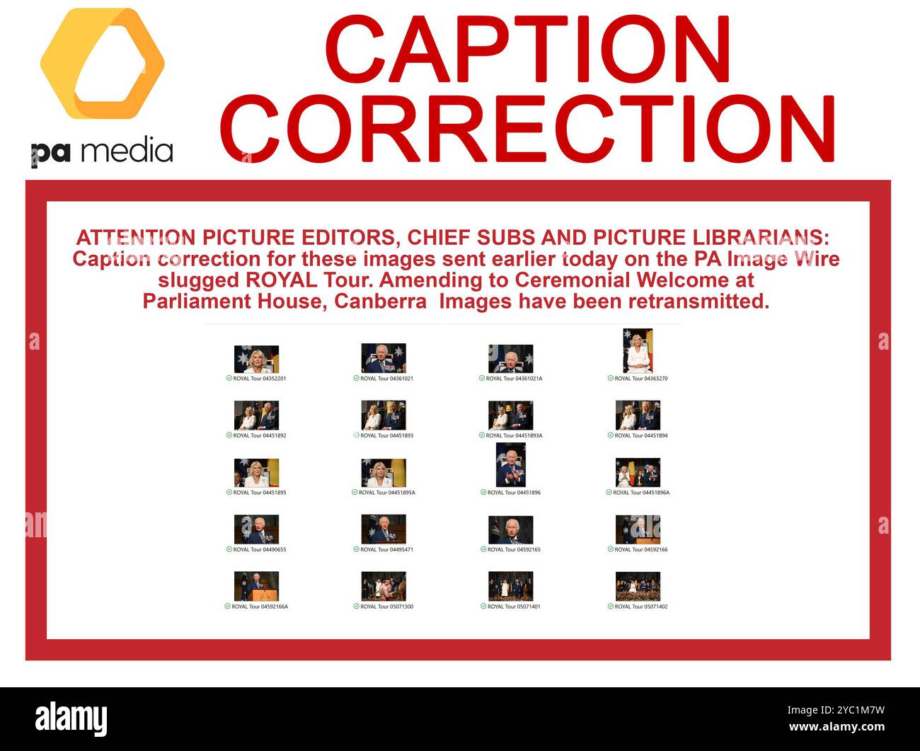 ATTENZIONE EDITOR DI IMMAGINI, SOMMI E BIBLIOTECARI: Correzione delle didascalie per queste immagini inviate oggi sul ROYAL Tour di PA Image Wire. Modifica del benvenuto cerimoniale al Parlamento di Canberra. Le immagini sono state ritrasmesse. Re Carlo III e la regina Camilla durante il cerimoniale di benvenuto in Australia al Parlamento Australiano a Canberra, segnando la prima visita del re come sovrano al Parlamento Australiano, il secondo giorno della visita reale in Australia e Samoa. Data foto: Lunedì 21 ottobre 2024. Foto Stock