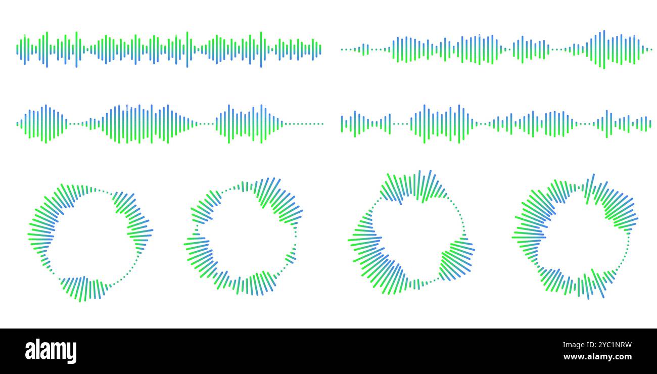 Serie di icone di ripple circolari. Cerchi concentrici con linee interrotte isolate su sfondo bianco. Vortice, onda sonar, onda sonora, sunburst, segnali Illustrazione Vettoriale