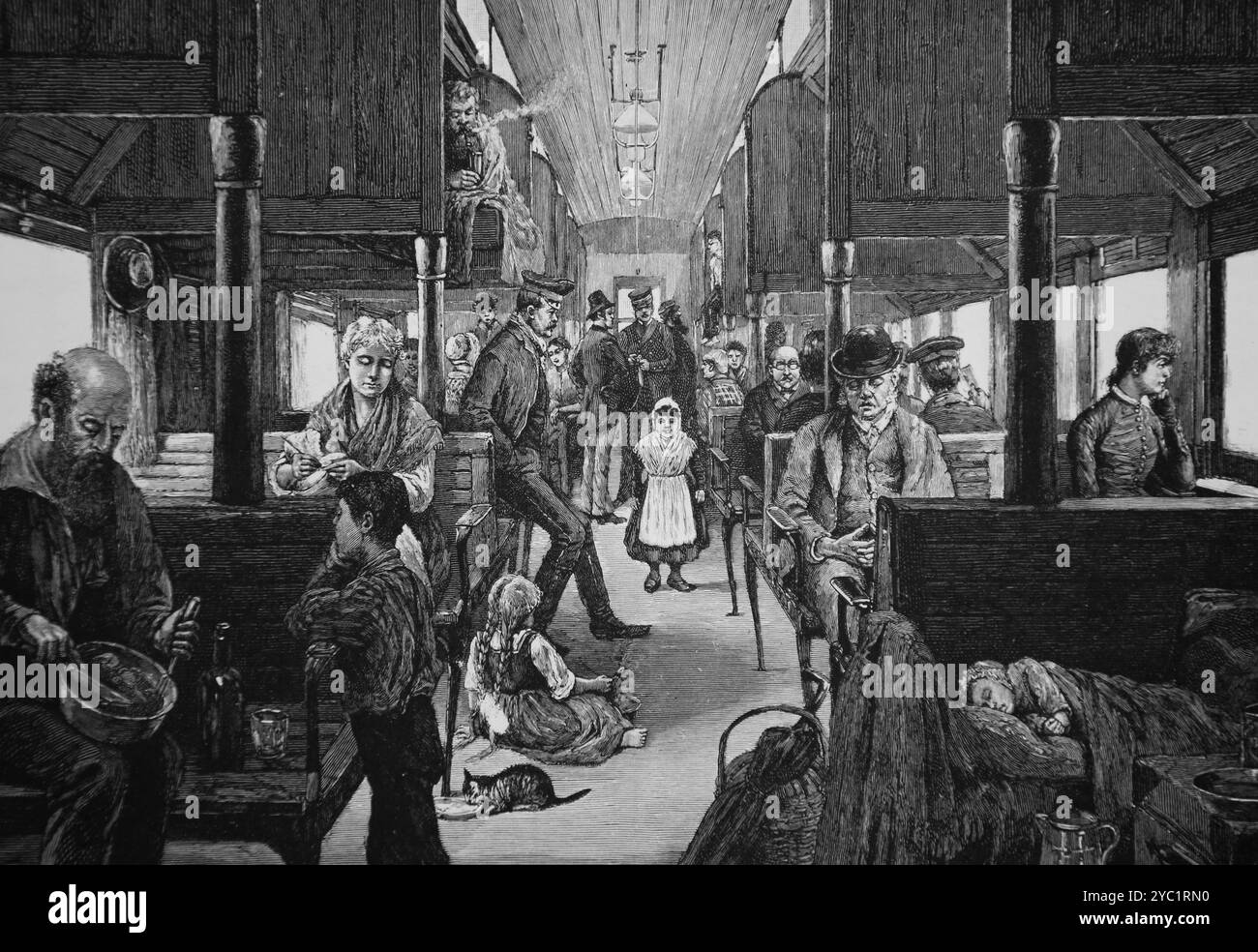 STATI UNITI. Vecchia vagone ferroviario. Carro con passeggeri. xix secolo. Incisione di R.D.F. Zogambaum. Harper' Weeky. 1886. Foto Stock