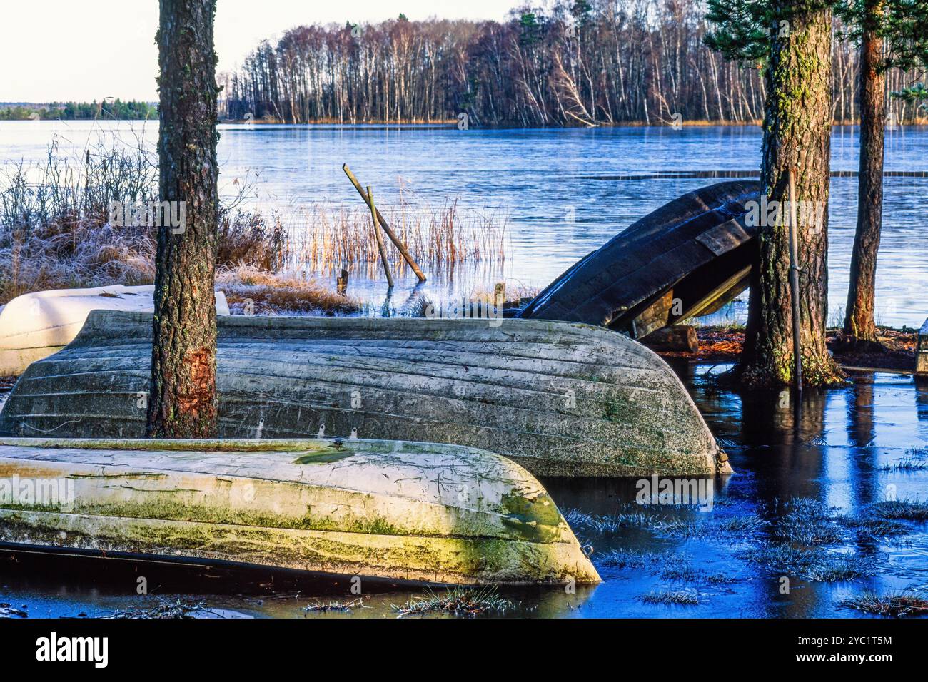 Barche a remi a terra con acqua ghiacciata sul lago Foto Stock