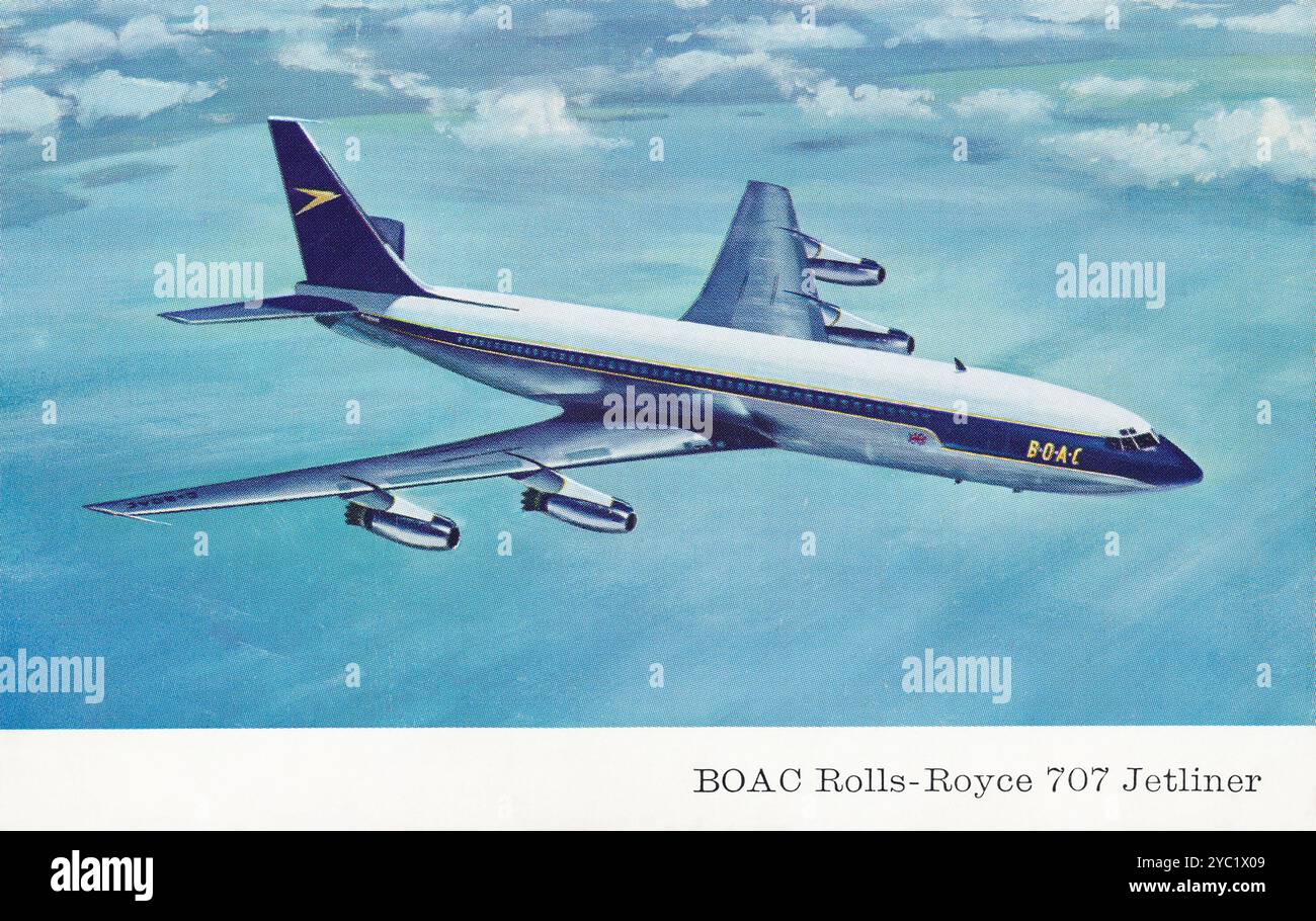 Cartolina illustrata di un aereo di linea Boeing 707. Questa è la variante 707-420 con motori turbo-fan Rolls Royce Conway 508 nella livrea del BOAC. Foto Stock