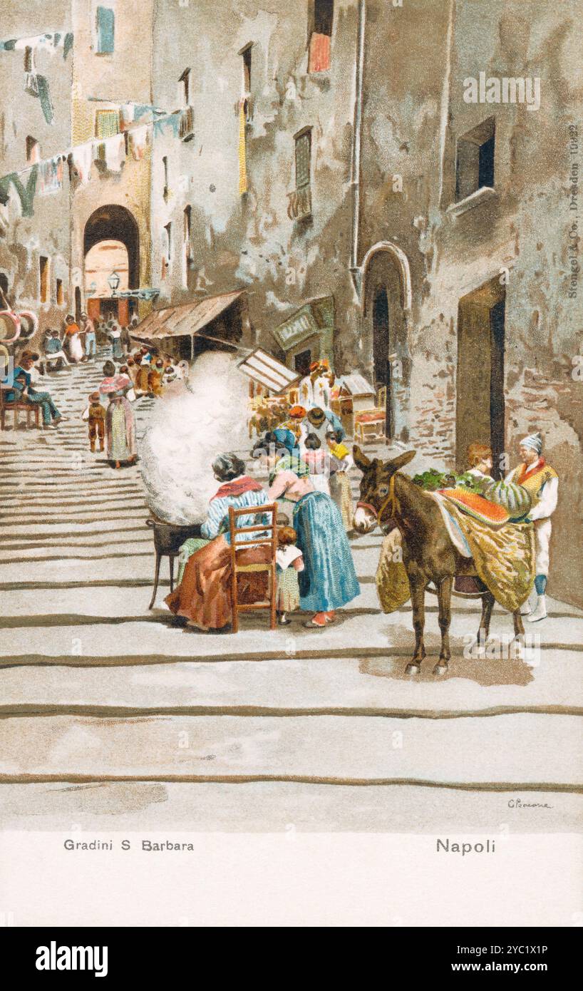Cartolina cromo-lito illustrata italiana d'epoca della scalinata di Santa Barbara a Napoli (Gradini Santa Barbara). Foto Stock