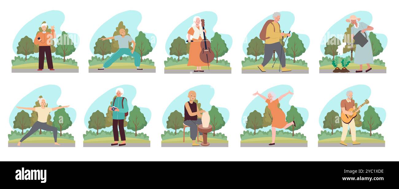Anziani attivi impegnati in varie attività all'aperto. Illustrazione vettoriale Illustrazione Vettoriale