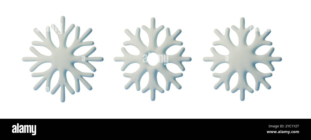 Imposta lo stile dei cartoni animati bianco e blu dei fiocchi di neve 3d su sfondo trasparente. Design natalizio. Stile minimalista, adatto per le vacanze, le carte o. Illustrazione Vettoriale