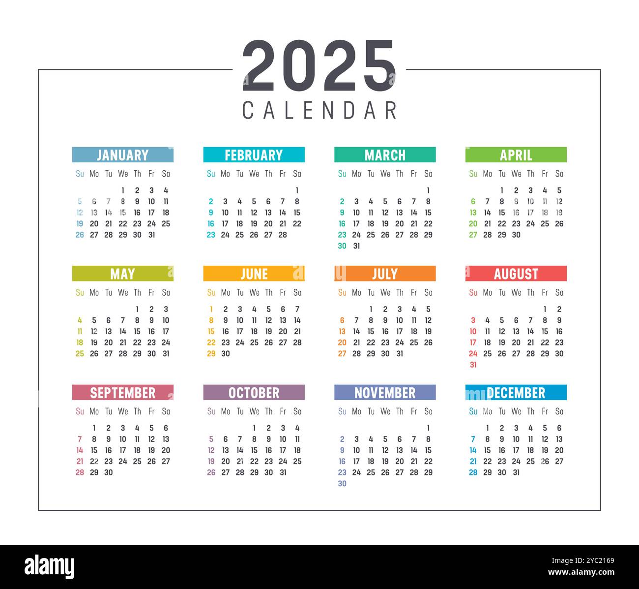 Anno 2025 calendario americano colorato su sfondo bianco, settimane di inizio domenica, USA programma vettoriale in inglese Illustrazione Vettoriale