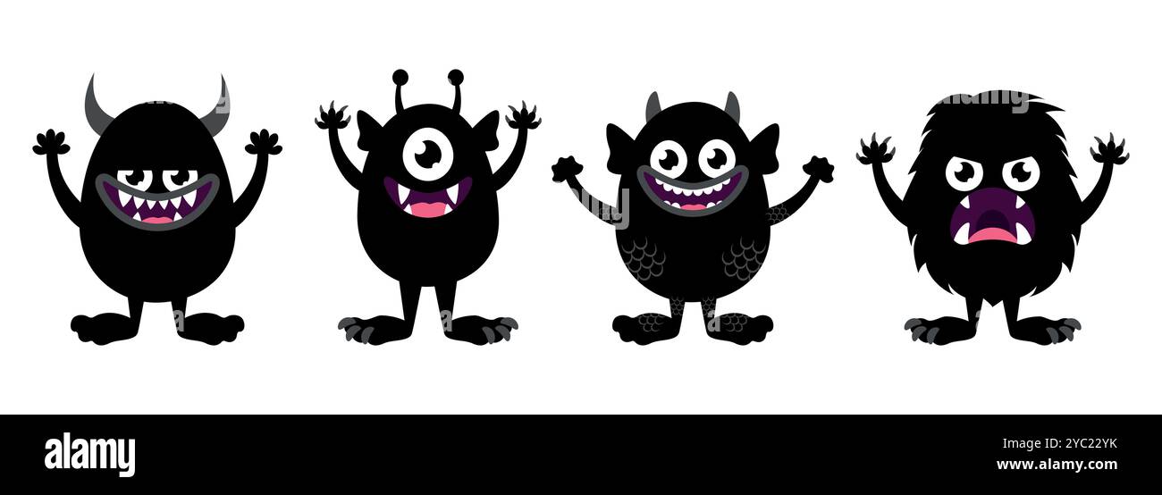 Carini mostri dei cartoni animati, isolati su sfondo bianco. Divertenti creature nere in stile infantile. Illustrazione vettoriale Illustrazione Vettoriale