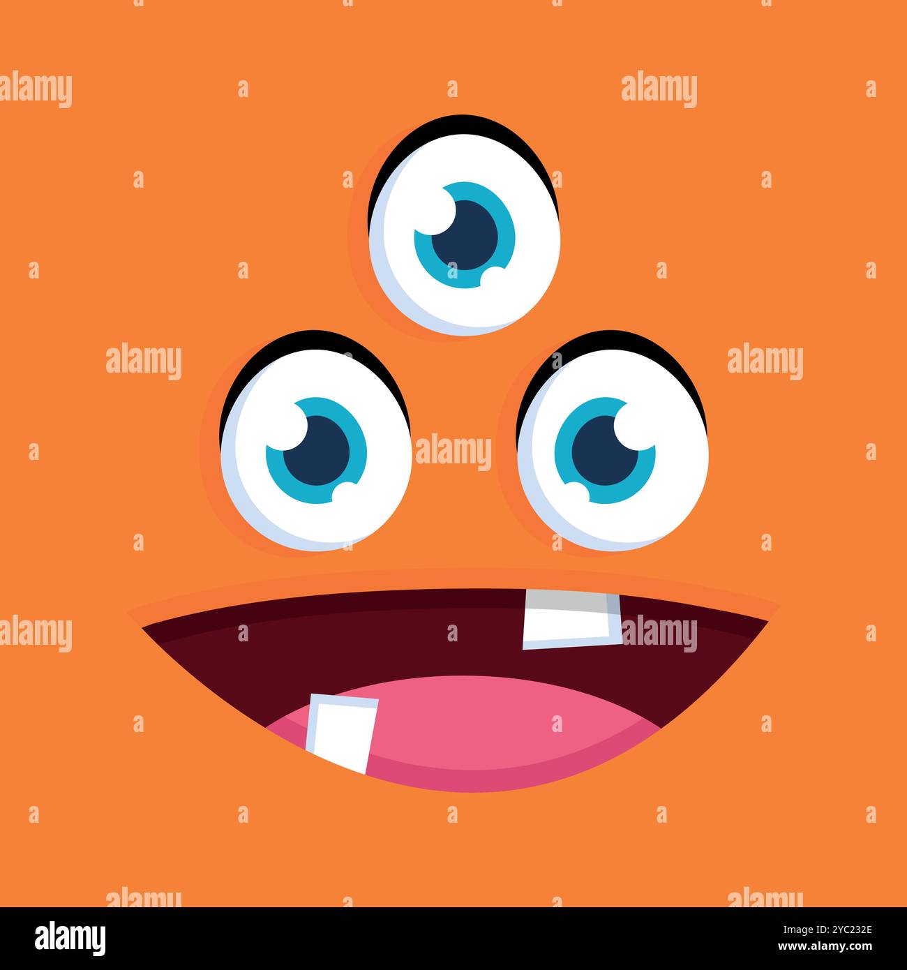 Carino carino cartone animato con tre occhi, sfondo con volto mostro. Simpatico volto da mostro in stile infantile su sfondo arancione. Illustrazione vettoriale Illustrazione Vettoriale