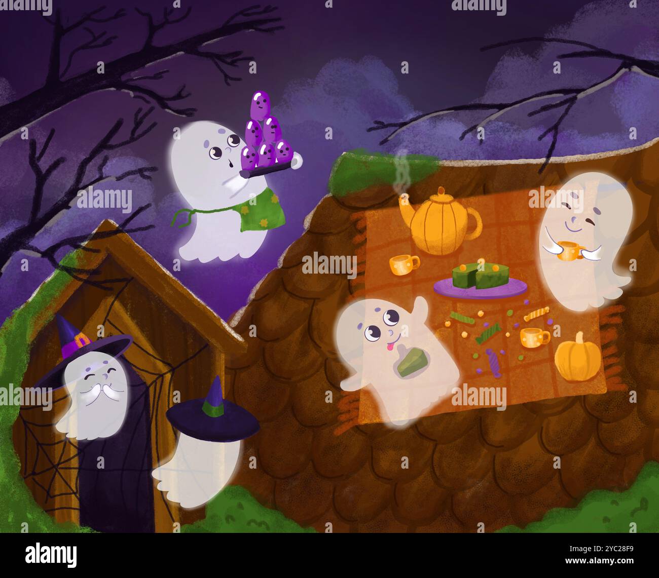 I simpatici fantasmi hanno fatto un picnic sul tetto nel cuore della notte. Illustrazione dei cartoni animati per Halloween. L'immagine può essere utilizzata per rompicapo. Foto Stock