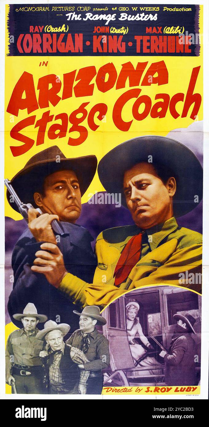 The Range Busters - Arizona Stage Coach - poster cinematografico vintage feat Ray Corrigan, John King, Max Terhune - film WESTERN - Monogram 1942 Foto Stock