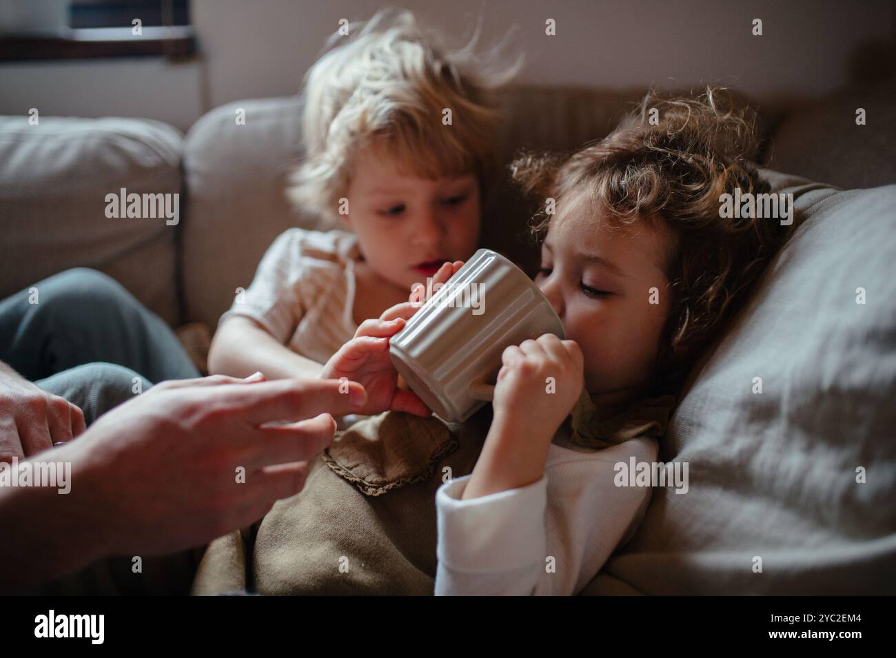 Fratelli seduti sul divano, entrambi molto malati. Bevendo tè alle erbe caldo. Foto Stock