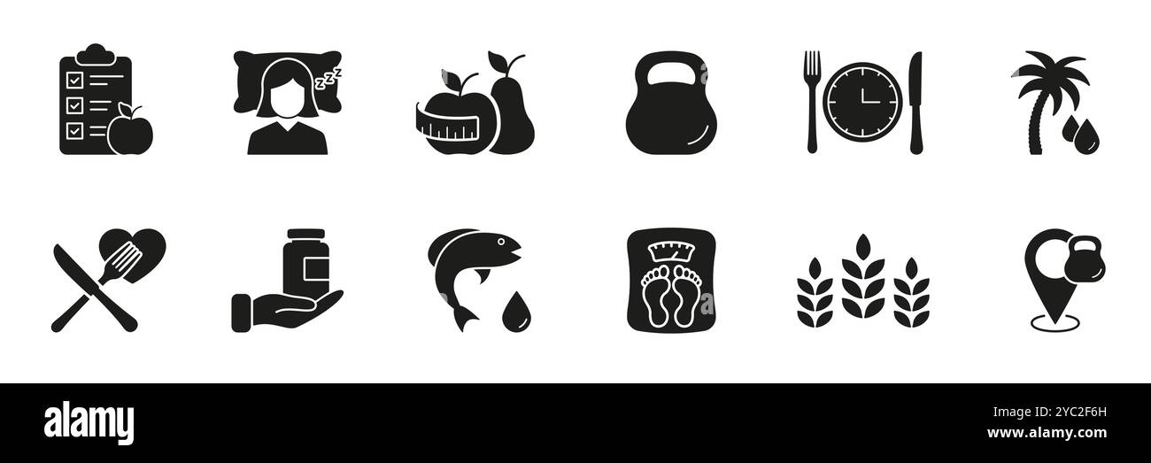Set di icone di silhouette per la gestione del peso, il fitness e le abitudini sane. Nutrizione, benessere, sport e alimentazione sana, nutrimento Glyph Sign. Isolato Illustrazione Vettoriale
