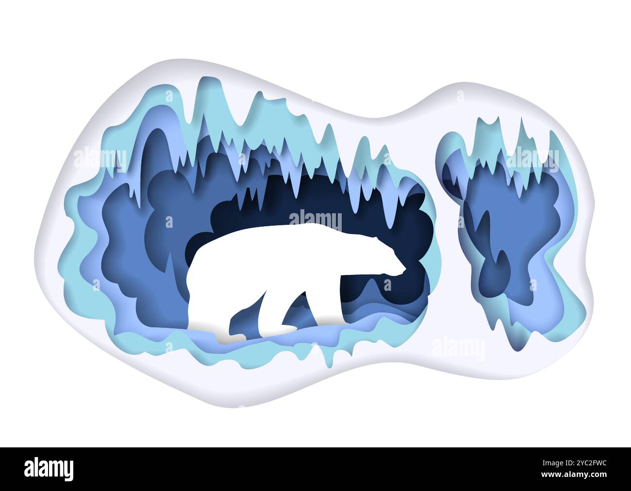 Illustrazione vettoriale tagliata con carta all'interno dell'orso bianco all'interno della grotta di ghiaccio Illustrazione Vettoriale