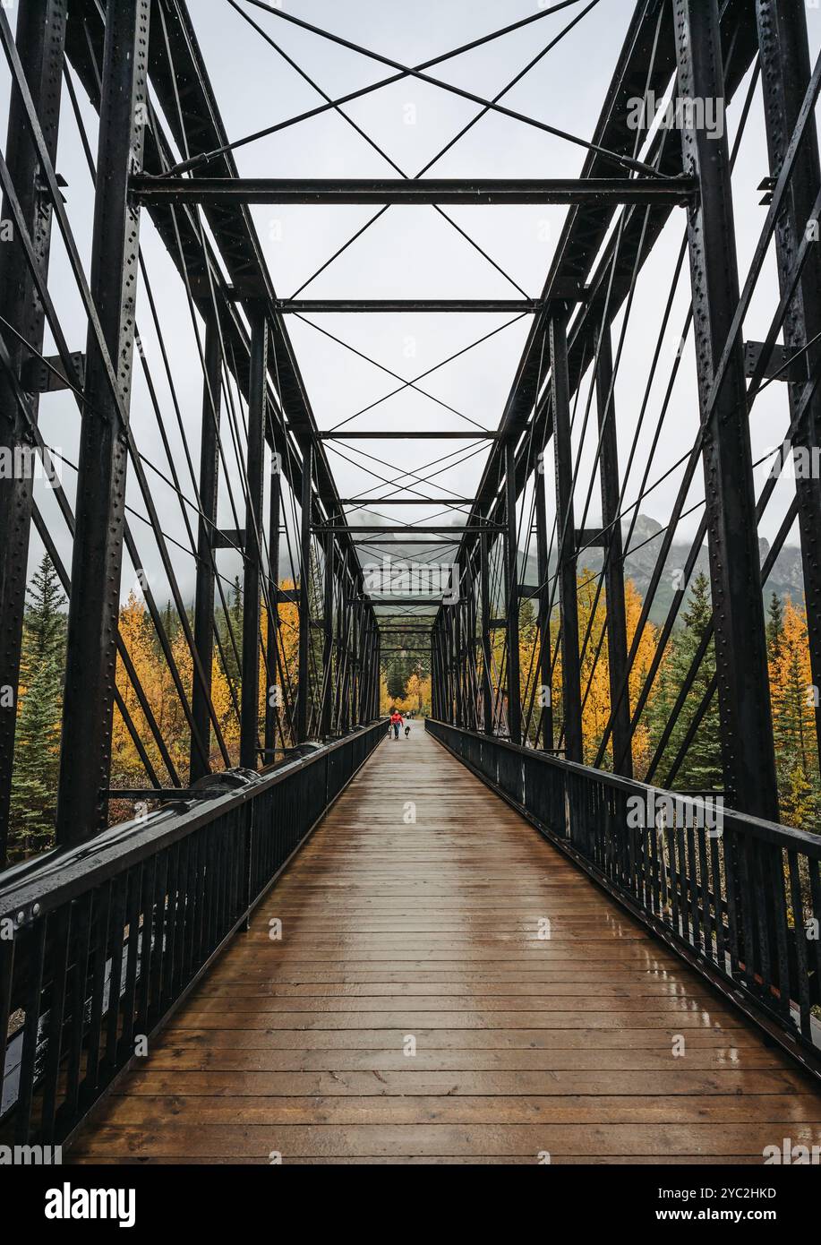 Ponte di metallo che attraversa il fiume a Canmore, Alberta, il giorno delle piogge autunnali. Foto Stock