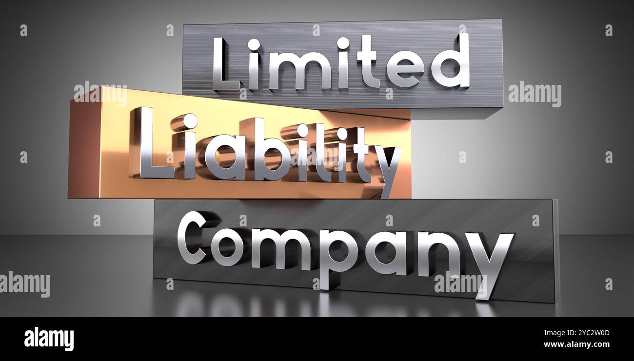 Società a responsabilità limitata, LLC - parole sui blocchi metallici - illustrazione 3D. Foto Stock