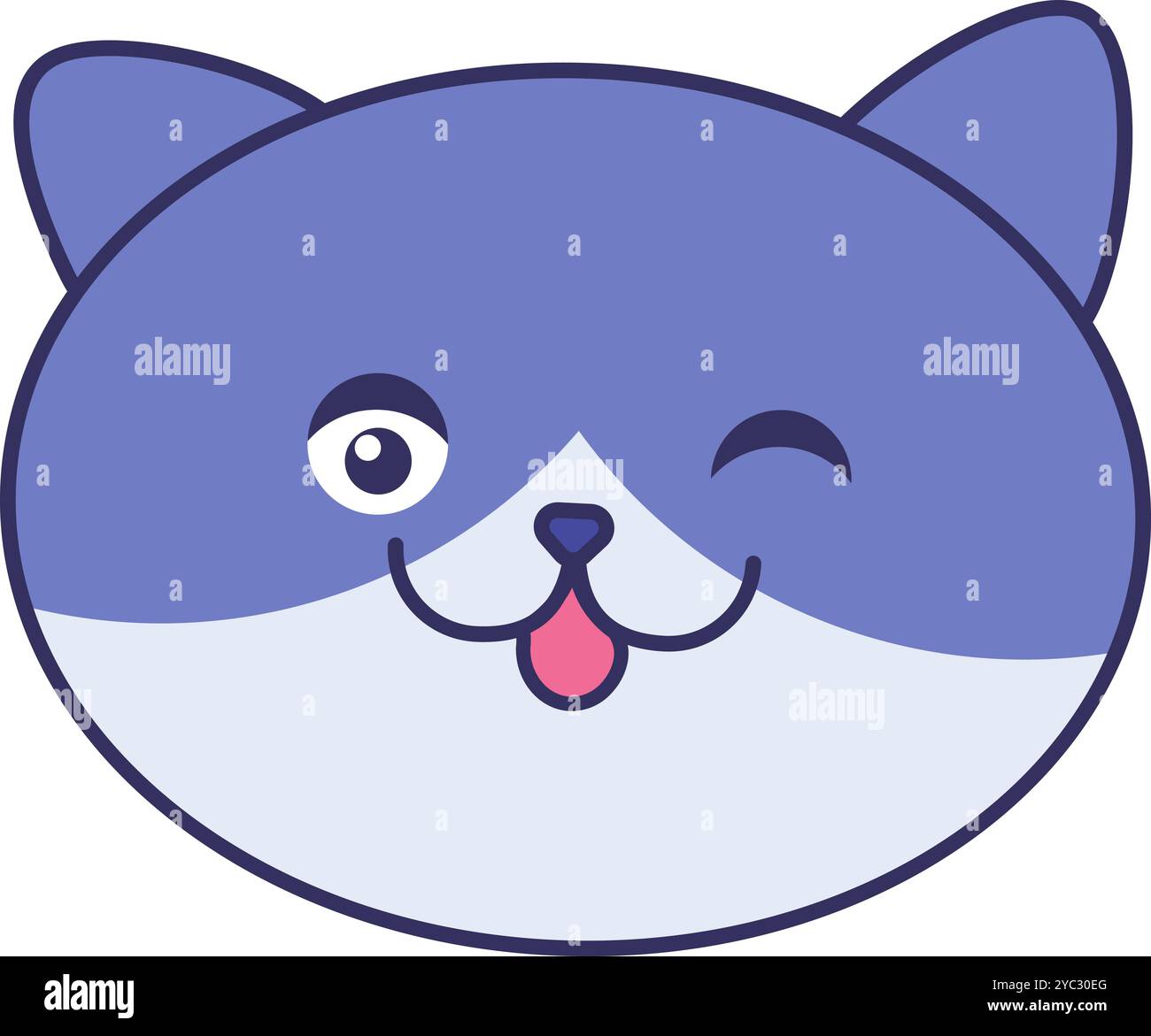 Il gatto Tabby gli strizza l'occhio. Faccia allegra e vergognosa di pussycat. Elemento per la progettazione di cliniche veterinarie o di negozi di animali domestici. Semplice vettore colorato tracciato isolato su bianco Illustrazione Vettoriale